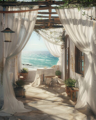 Mediterranean patio with white curtains looking over a beach, table and chairs. - 780472591