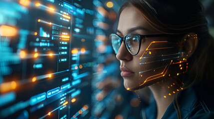 Artificial intelligence, a woman analyzing data on a digital screen, highlighting the power of technology in data processing
 - obrazy, fototapety, plakaty