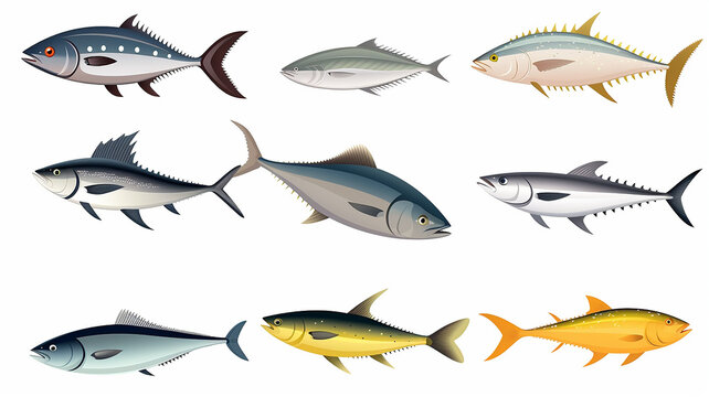 A set of icons of different varieties of fish on a white background