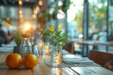 Wooden table in restaurant adorned with oranges and bottles