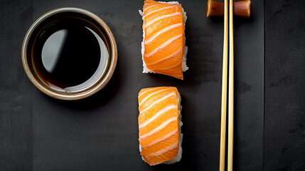 Sushi with raw salmon on rice with soy sauce in a small bowl and bamboo chopsticks on black background. Japanese cuisine