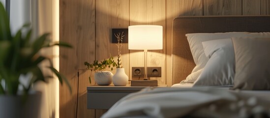 Contemporary bedroom design for home or hotel, featuring a minimalist bedside table with a reading lamp and USB socket for charging devices. Comfy pillow, blanket, and chic furniture.