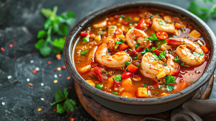 Slow-simmered delicious traditional gumbo stew with seafood chicken sausage and vegetables cooked in tomato sauce with vegetables. Classic dish of the Southern States of USA