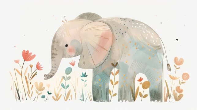 Watercolor illustration of an elephant, designed with organic, flowing shapes