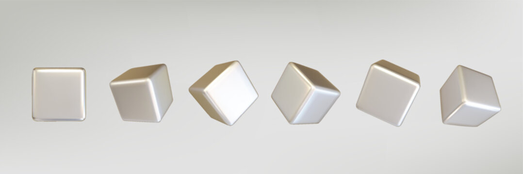 Silver chrome metal realistic cubes set isolated. Render a rotating chrome steel box with different angles in perspective with lighting and shadow. y2k creative vector.
