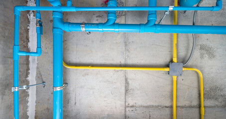 The water pipe system, wastewater pipes and electrical wiring are neatly installed under the...