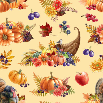 Thanksgiving decor elements seamless pattern. Watercolor illustration. Autumn floral festive decor with cornucopia, pumpkin, turkey, fallen leaves, fruit. Thanksgiving vintage seamless pattern