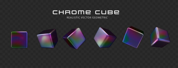 3d metal cube with iridescent chrome effect isolated on dark background. Realistic holographic metal rotating box with rainbow gradient effect.