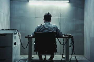 Conceptual image of a man chained to his work desk in a dark office
