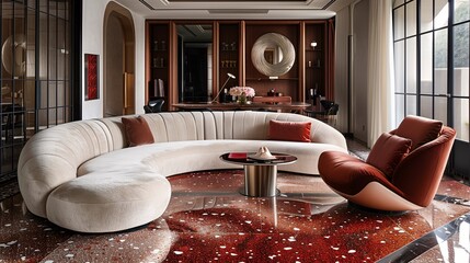 Luxury Modern Living Room with Curved Sofa and Terrazzo Flooring