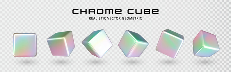 3D chrome cube set with rainbow effect. Modern multicolor metal object, futuristic design with neon gradient. Realistic y2k holographic shape for modern futuristic design aesthetics.
