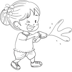 cute girl with water guns in Songkran festival outline for coloring