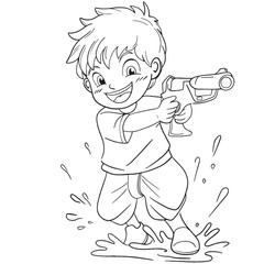 cute boy with water guns in Songkran festival outline for coloring