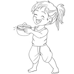 cute children splashing water with water bowl in Songkran festival coloring