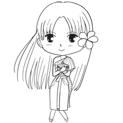 cute girl with water bowl in Songkran festival outline for coloring