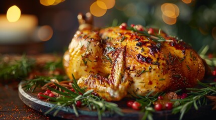 Rotisserie Chicken on a rustic wooden board, garnished with fresh herbs, exuding a warm, festive atmosphere with a backdrop of soft lighting and holiday decor.