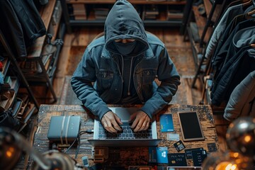 Hooded figure typing on a laptop amidst electronic parts.