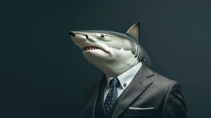 Portrait of a Shark dressed in a formal business suit on dark background