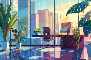 office room with plants outside of windows - obrazy, fototapety, plakaty