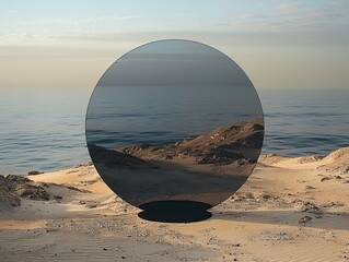 A vast black glass, resembling a round mirror, positioned on the ground of a desert landscape adjacent to the sea.