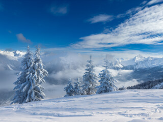 Winter landscape in the ski region Silvretta Montafon in Vorarlberg, Austria.