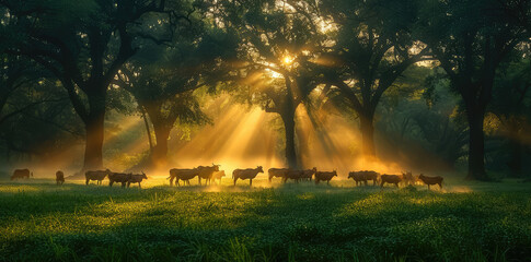 Cows in the morning sun, surrounded by trees and misty grassland, with sunlight shining through leaves onto them.