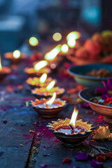 lit candles surrounded by vibrant flowers, creating a serene and mystical ambiance in a dark setting
