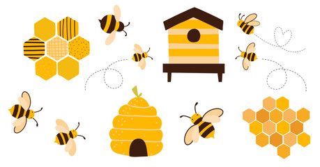 Colorful cute vector cartoon illustration set with bees