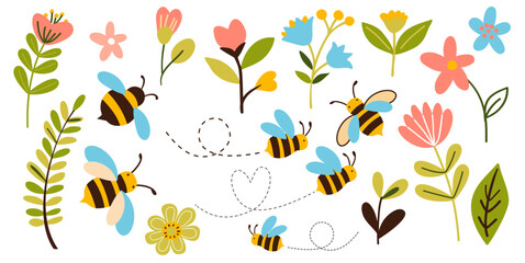Colorful vector cartoon set of illustrations with honey, bees and flowers.