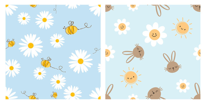 Fototapeta Seamless pattern with daisy flower, bee cartoons, bunny rabbit and sun cartoons on blue and blue mint backgrounds vector, Cute childish prints.