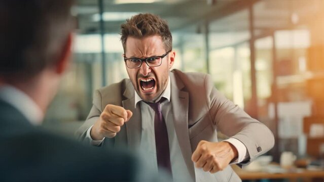 Angry yelling boss point arm to exit dismissing sad worker at office