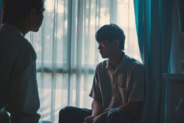 Man receiving support during therapy session for PTSD in a calming environment - obrazy, fototapety, plakaty