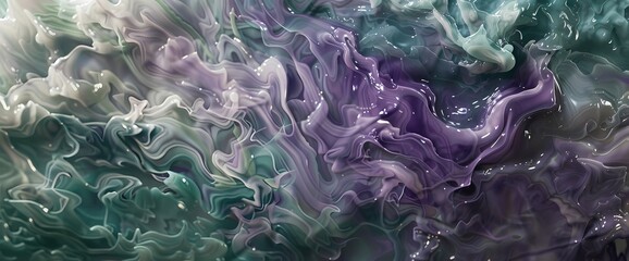 A cascade of amethyst and jade green collides, creating a mesmerizing abstract display of liquid...