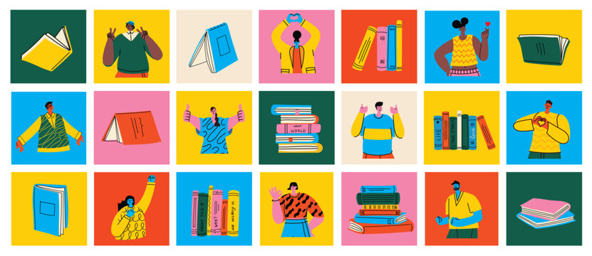 Book concepts set. Happy readers reading books and flying, laying , sitting everywhere. Flat trendy retro vector illustrations isolated on white background