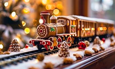 Festive gingerbread steam train with Christmas decorations and lights on snowy railroad tracks, winter holiday treat - Powered by Adobe
