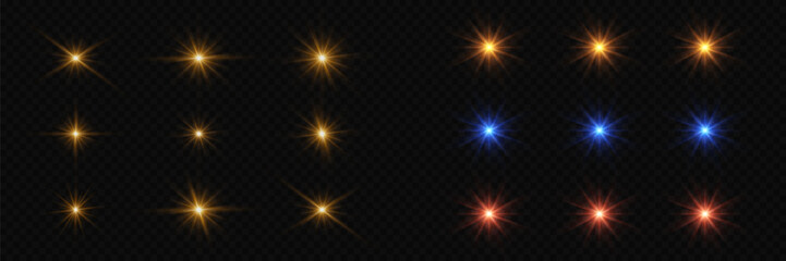 Light effects, glare of stars, explosion of light. On a transparent background.