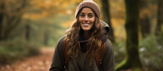 Female individual dressed in warm outdoor attire, showcasing natural beauty in autumn woodland. - Powered by Adobe