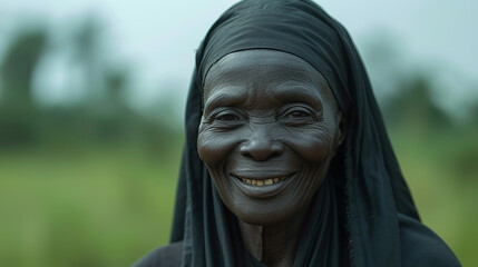 African happy nun smiling whoh is wearing a nun robe against a natural background