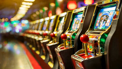 Row of casino slot machines with shallow depth of field. Las Vegas gambling theme. Generative Ai.