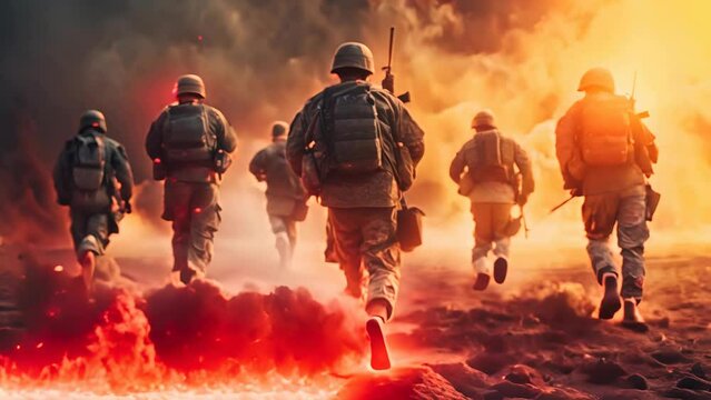 soldiers in uniform near smoke and fire, military training combat, war concept