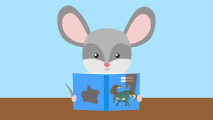 Illustration of a mouse reading a book on a blue background.