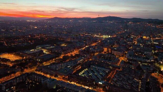 Panoramic aerial view of Barcelona cityscape with octagon buildings. Streets and blocks