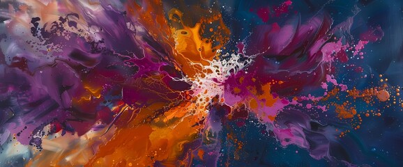 A burst of fiery orange and magenta hues colliding in a vivid explosion of energy against a deep indigo backdrop.