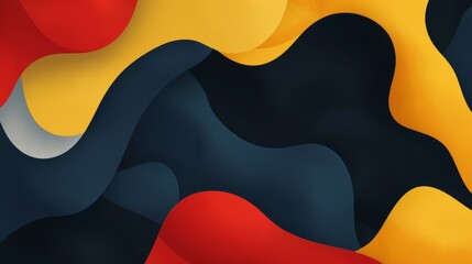 Innovative blend of dark navy, scarlet red, and lemon yellow creates abstract pattern on a minimal background. Bold synthesis with emphasis on negative space. - obrazy, fototapety, plakaty