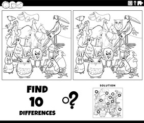 differences activity with cartoon birds coloring page