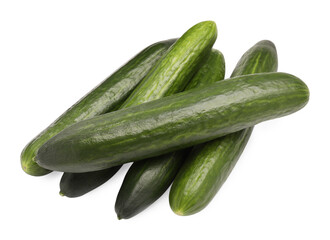 Many long fresh cucumbers isolated on white