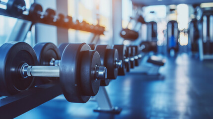 Dumbbells in modern gym, representing fitness, strength training, and healthy lifestyle. - obrazy, fototapety, plakaty