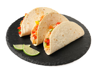 Delicious tacos with vegetables and slices of lime isolated on white
