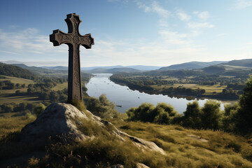 Christian religious cross with a landscape. Christian cross on a mountain. Topics related to the Christian religion. Christian grave. - obrazy, fototapety, plakaty