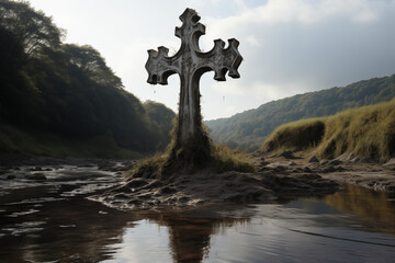 Christian religious cross with a landscape. Christian cross on a mountain. Topics related to the Christian religion. Christian grave. - obrazy, fototapety, plakaty